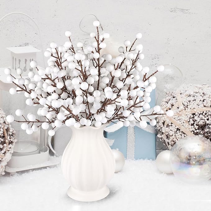 40 Pcs Artificial Berry Stems Branches, Christmas White Faux Holly Berries Picks Ornaments for Christmas Tree Wreath DIY Craft Decorations Holiday Home Decor (40, White)