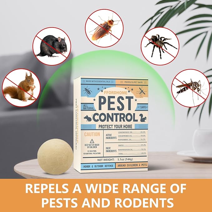 Pest Repellent Balls - Repel Rodent with Peppermint, High-Strength Mice, Mouse, and Rat Repellent - Effectively Deters Spiders, Roaches, Ants, Moths & Pests - 10-Balls
