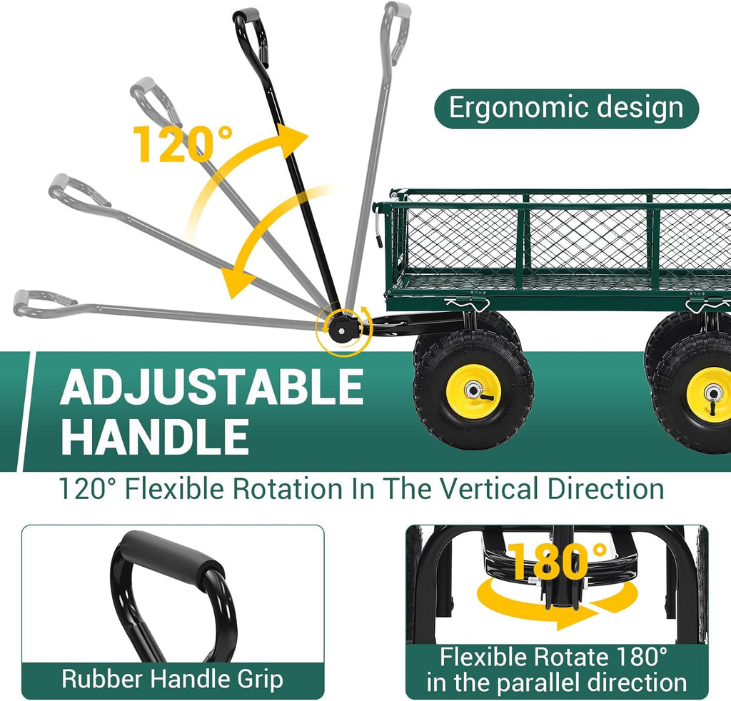 550 Lbs Steel Garden Cart. Heavy Duty Metal Garden Wagon with 10" Wheels, Pullable Metal Garden Wagon w 180° Rotating Handle and Removable Sides for Farm, Yard,