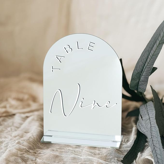 JINMURY Sliver Arch Wedding Table Numbers 1-10 with Stands, 5x7 Inch Acrylic Arch Sign with White Lettering, Sliver Mirror Acrylic Table Numbers for Wedding Reception
