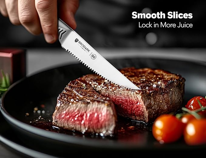 BRODARK Steak Knives Set of 6: 4.5 Inch Serrated Steak Knives - High Carbon Stainless Steel Kitchen Steak Knife Set - Never Need Sharpening - NSF Certified, Shark Series