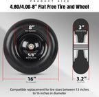 (2-PACK) 4.80/4.00-8" Tire and Wheel - Universal Fit 16" Flat Free Solid Wheelbarrow Tires with 3" Hub and 5/8" Bearings – Extra Adapter kit includes 3/4" Ball Bearings, 1" and 1/2" Nylon Spacers