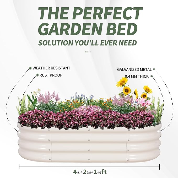 1MORE Galvanized Raised Garden Bed- Planter Garden Boxes Outdoor, Raised Beds for Gardening, 4x2x1ft Metal Garden Bed Kit for Vegetables Flower, Planter Raised Beds with Protective Tape & Tools.White