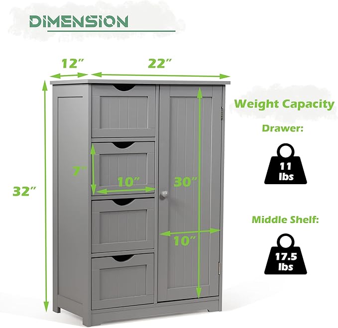 GLACER Bathroom Floor Cabinet, Multifunctional Storage Cabinet with 4 Drawers and 1 Door, Wooden Side Storage Organizer for Bathroom, Living Room or Kitchen, 22 x 12 x 32 inches (Grey)