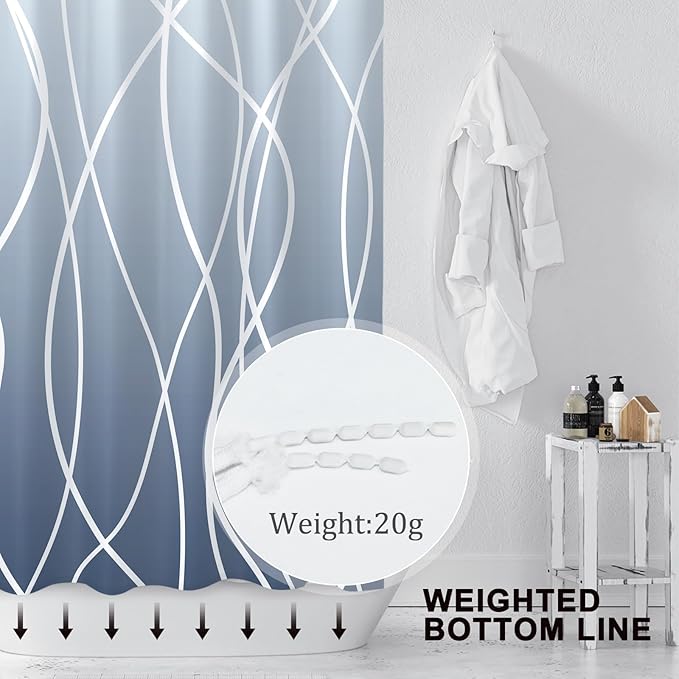 Punkray Ombre Blue Shower Curtain for Bathroom with Hooks, White Shower Curtain Set, Stripe Bath Curtains Decorative Shower Curtains Water Repellent Washable, 72 x 72