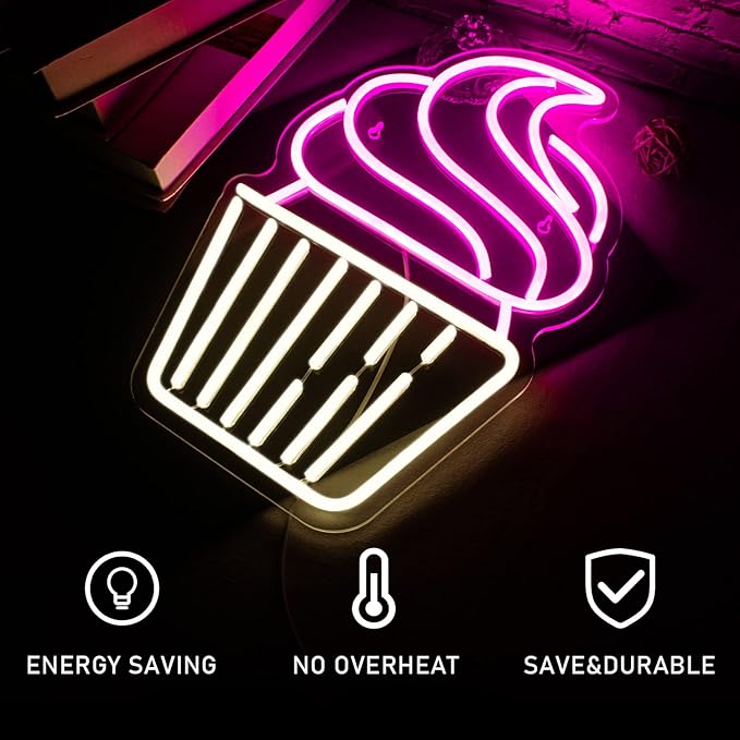 Cupcake Neon Sign Led Pink Warm White Neon Lights for Wall Decor Usb Light Up Signs for Bakery Dessert Shop Resturant Bar Cafe Candyland Party Decorations