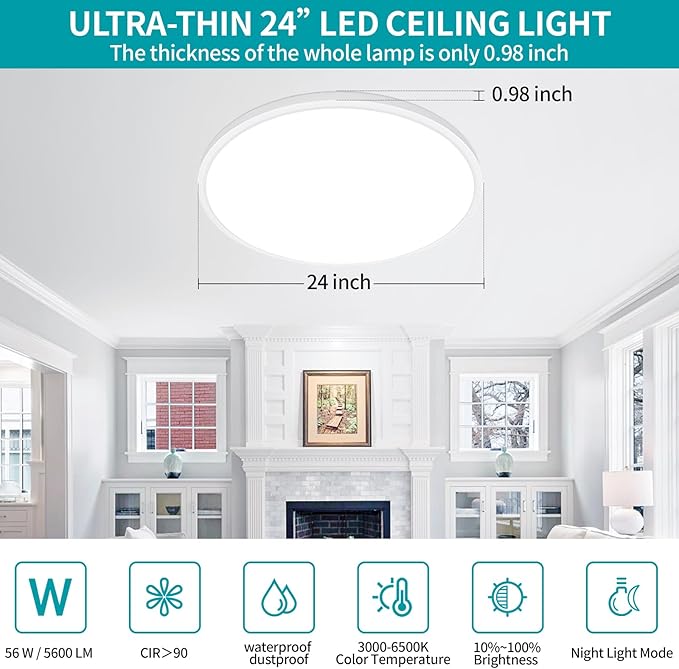 24 Inch Led Ceiling Light Fixture, Ultra Thin Flush Mount, Dimmable with Remote Control, 56W, 5600 Lumen, Modern, Round, White, for Kitchen, Dining Room, Bedroom, Living Room, Home Office