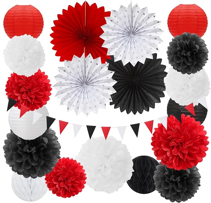 Red-Black White Party-Decorations Paper-Flowers Lanterns - 20PCS Halloween Tissue Pom Poms Streamers Fans Honeycomb, Vintage Baby Shower Birthday Bachelorette Hanging Supplies Decor Burgleda