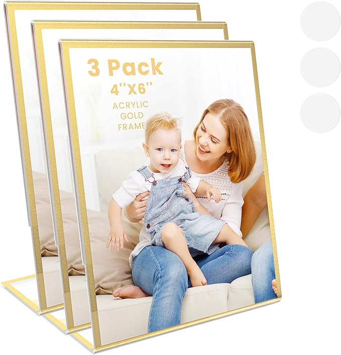 Acrylic Gold Frames 4X6, Slanted Back Gold Picture Frames Table Acrylic Sign Holder for Photos Wedding Table Numbers and Art Display with Removable Clear Sticky Dots，3 Pack