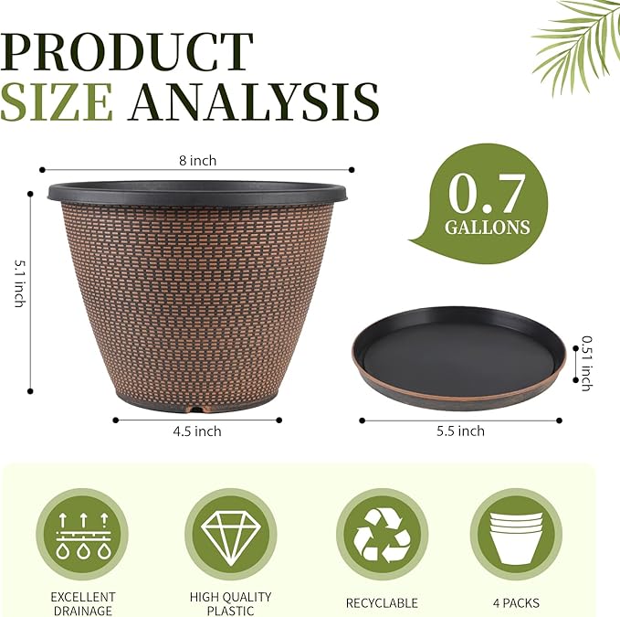 4 Pack 8 inch Plant Pot, Plastic Pots for Plants Indoor, Round Planters for Outdoor Plants with Drainage Holes & Trays, Decorative Flower Pots Garden Containers Sets for Houseplants (Black Copper)