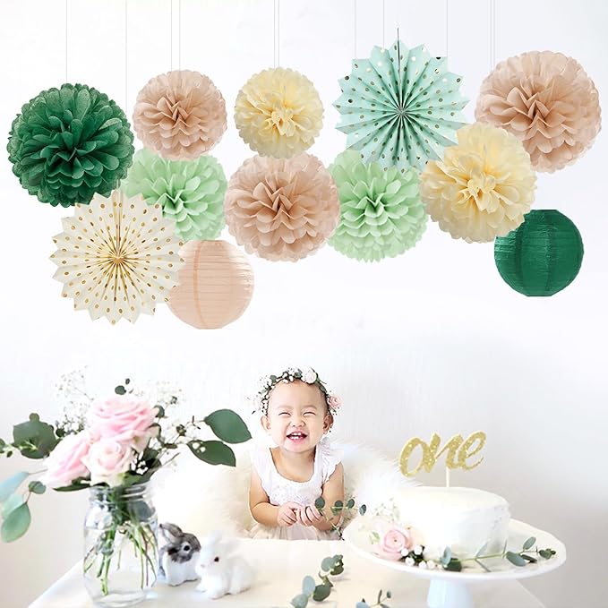 Olive-Sage Green Champagne-Gold Pink Party-Decorations - 20pcs Rustic Wedding Paper Lanterns Fans,Tissue Pom Poms,Honeycomb Balls,Bunting,Boho Bachelorette Neutral Baby Shower Decor Burgleda