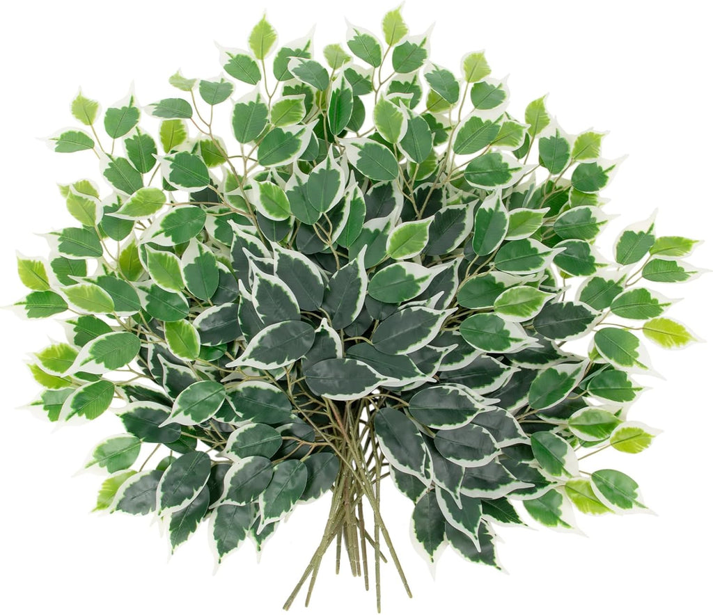 12PCS Ficus Leaves Artificial Branches 24" Faux Ficus Greenery Tree Branches Fake Ficus Leaves Sprays for Tree DIY Arch Wedding Wall Decor - Green & White
