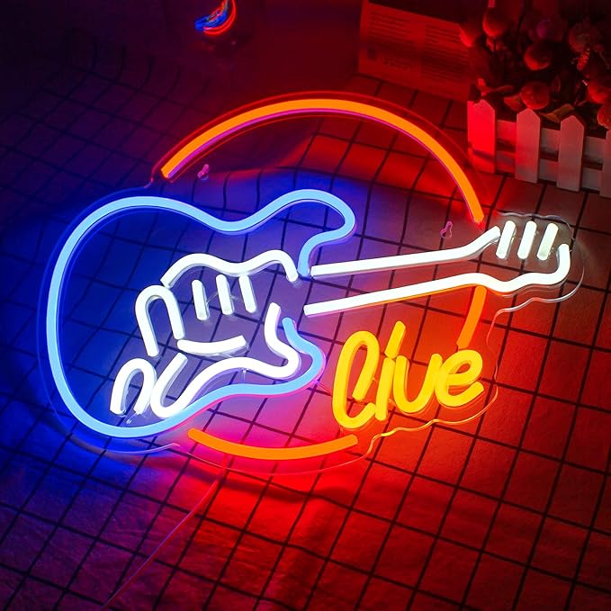 Wanxing Live Music Neon Signs Guitar Shape LED Signs Game Art LED Neon Signs for Wall Decor Studio Neon Light Signs USB Powered Switch Lights Up Sign for Party Lover Girl Boy(Colorful Guitar Live)