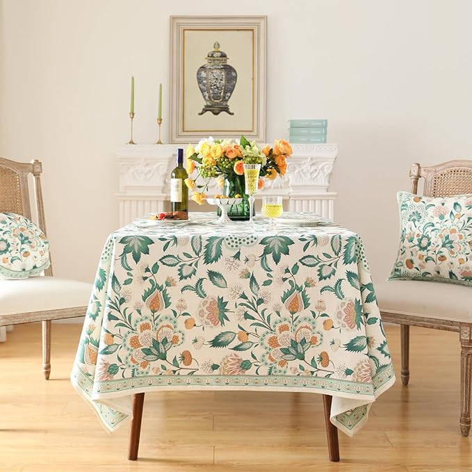 patdrea Designer Linen Green Small Cloth for Rectangle Table,Vintage Italian Floral Country Linen Tablecloth,Decor Cover for Kitchen Dining,Christmas,Thanksgiving,Tea Party,55"x71"-Tree Life