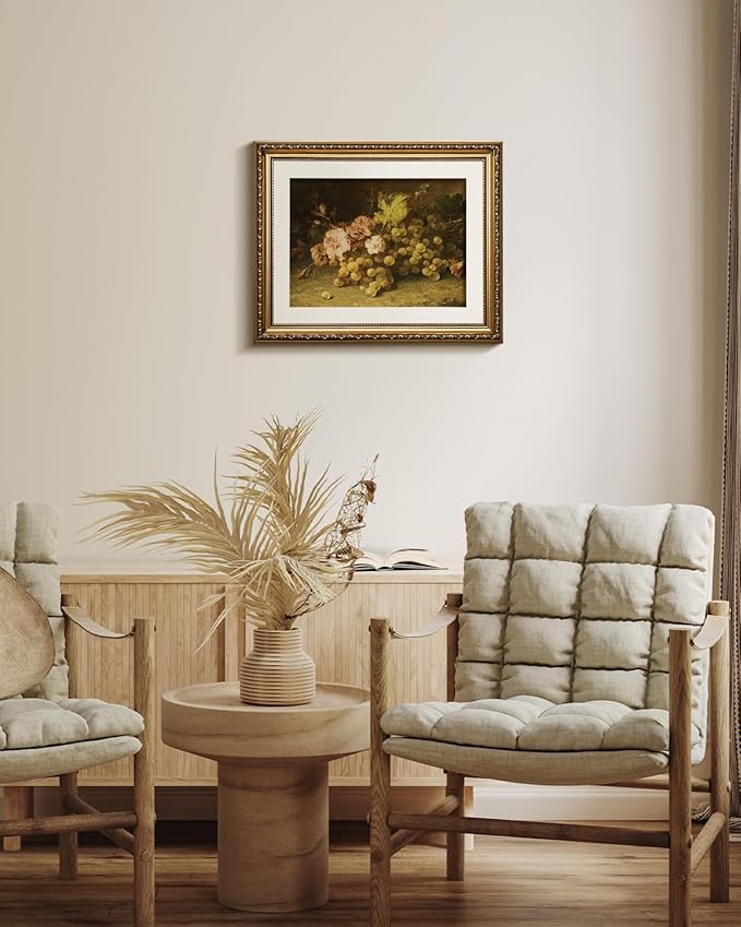 VIYYIEA Gold Framed Wall Art Canvas Print Home Decor Fruit Vintage Oil Painting Prints Modern Flowers Grapes Pictures Decor Still Life Wall Decor Artworks for Kitchen Farmhouse Office Bathroom 13x16in