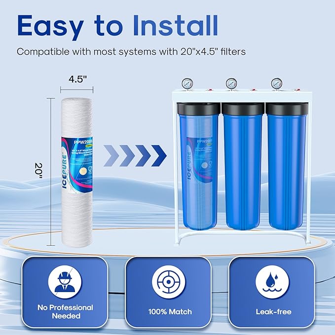 ICEPURE 5 Micron 4.5" x 20" Whole House String Wound Sediment Water Filter Cartridge for Well Water, Replacement for WP5BB20P/WP25BB20P, SDC-45-2005, SP-WP5-20BB, SWC-45-2005, 4PACK