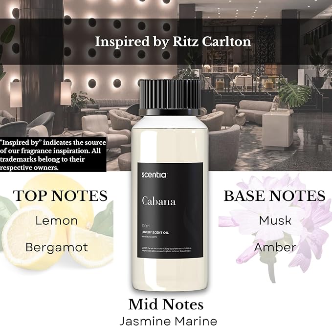 Hotel Diffuser Oil Inspired by The Ritz Carlton Hotel Scent - 120 mL 4.06 fl oz - Essential Oil Blend Botanical Jasmine, Bergamot & Fresh Marine Notes for Aromatherapy Diffusers - Cabana