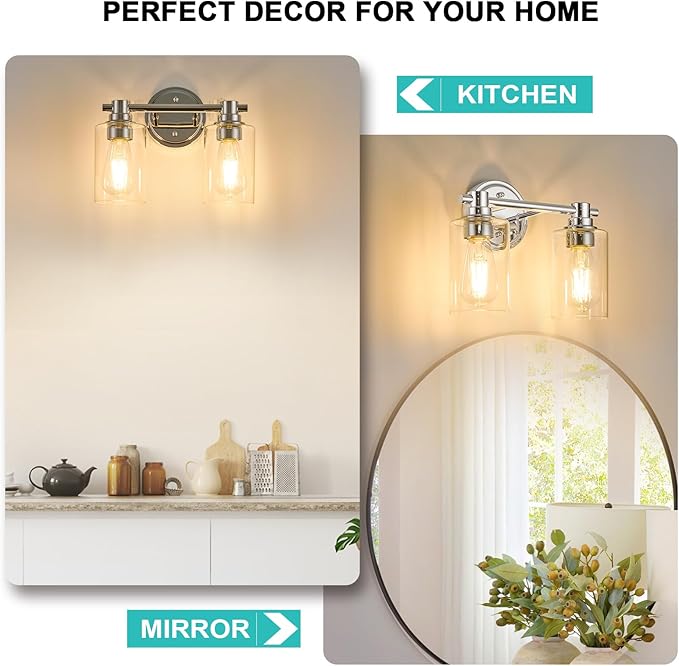 Bathroom Light Fixtures Wall Sconce Light with Clear Glass Chrome 2 Lights Bathroom Lighting Over Mirror Vanity Lights for Living Room,Bedroom,Restroom,Hallway E26 Base