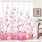 Eucalyptus Shower Curtain, Ombre Floral Leaves Plant Washable Fabric Bath Decor with 12 Hooks 72x72 inches, Pink