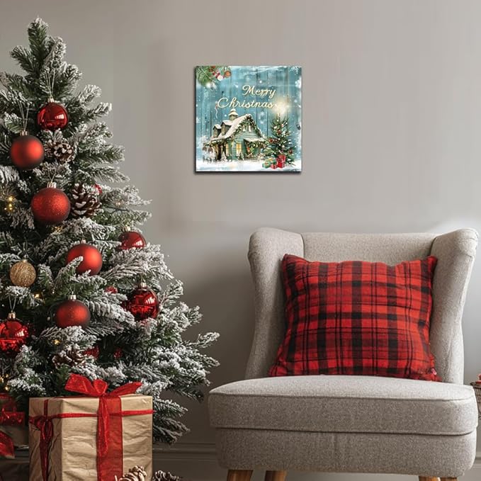Christmas Tree Wall Art Decor Romantic Winter Snow Home Canvas Prints Poster Xmas Tree Painting Merry Christmas Sign for Home Garden Living Room Bedroom Bathroom Holiday Decoration Gifts 12x12inch