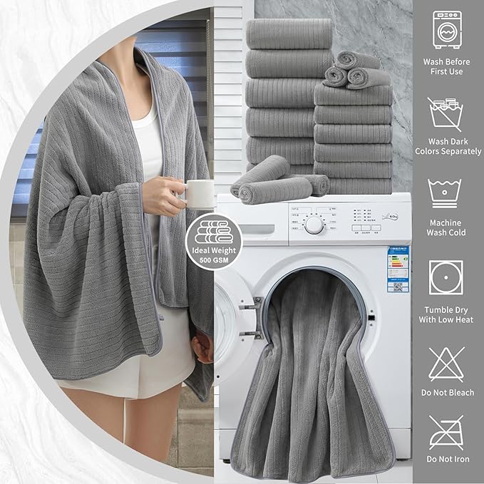 18 Piece Bath Towels Set,Ultra Soft Family Bathroom Towel Set with Hanging Loops-6 Bath Towels,6 Hand Towels,6 Washcloths,Highly Absorbent Quick Dry Shower Towel for Bathroom,Hotel,Spa-Grey Towel Set