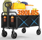 Collapsible Wagon Cart 380Lbs Capacity, Foldable Utility Portable Beach Wagon with All-Terrain Wheels, Adjustable Handle & Drink Holders, Carts with Wheels for Grocery, Camping, Shopping, Garden Cart