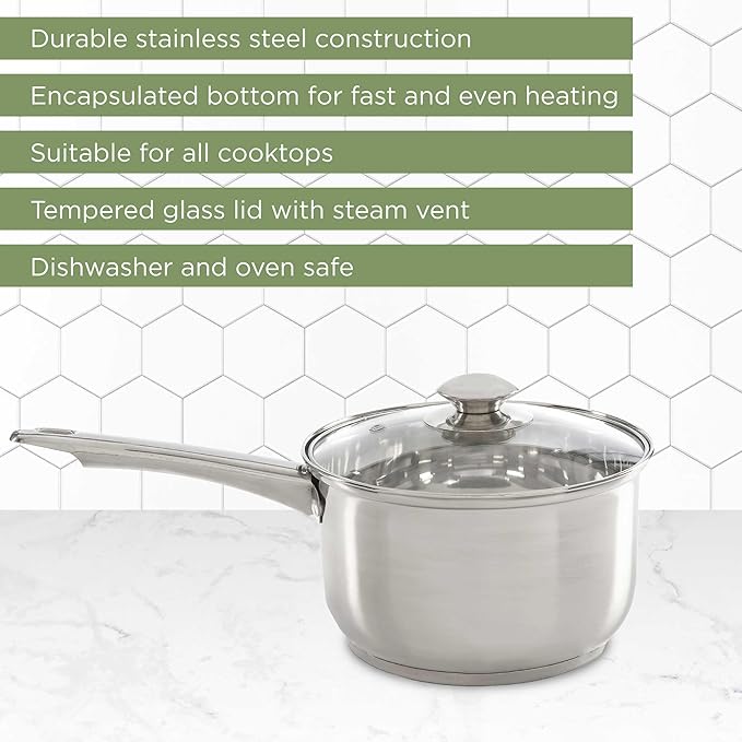 Ecolution Stainless Steel Sauce Pan, Encapsulated Induction Ready Cooking Pot with Glass Lid, Oven Safe, Dishwasher Safe Soup Pot, 3-Quart
