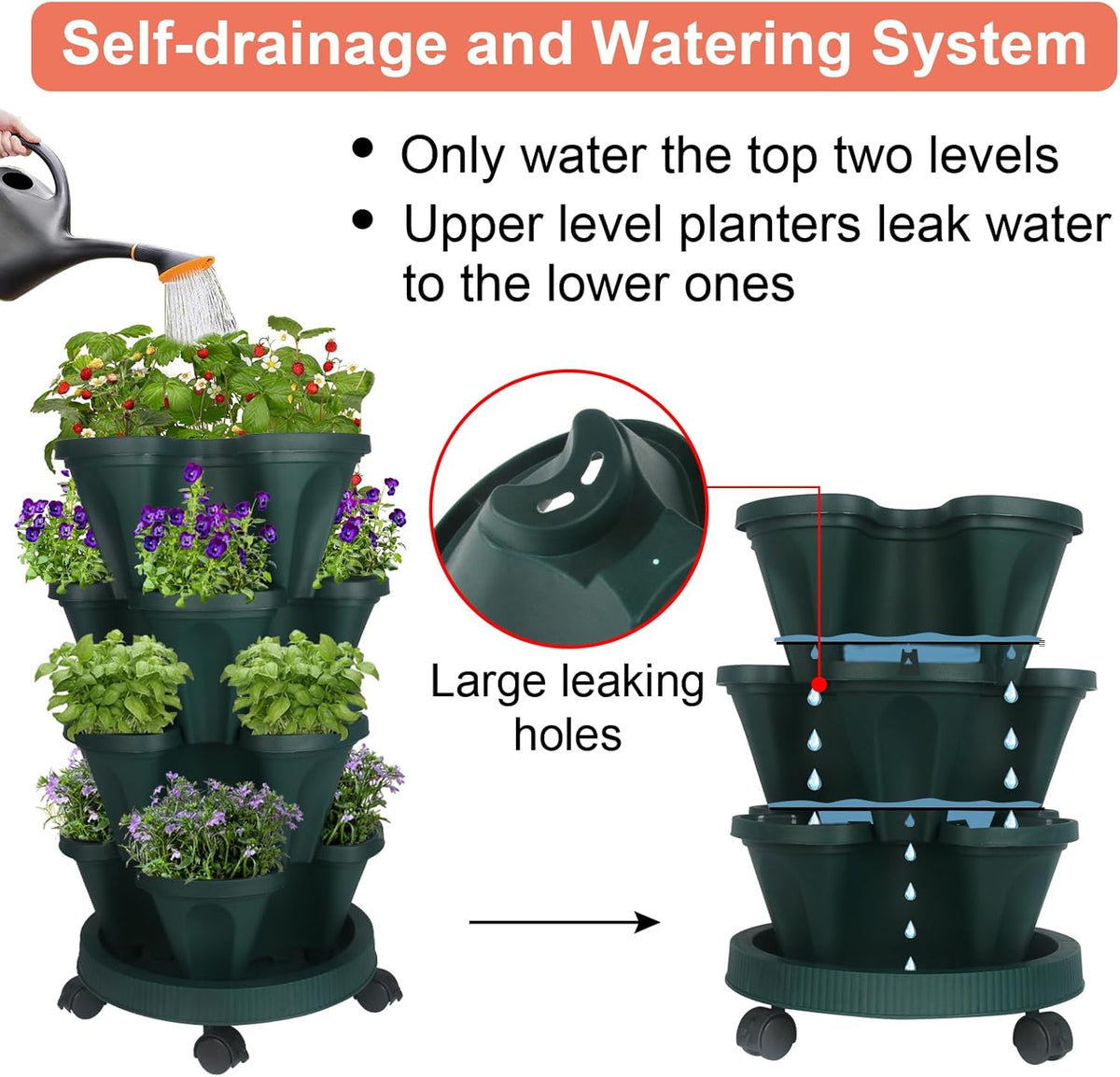 Vertical Planter 4 Tier Stackable Planters Garden Planters Strawberry Herb Flower and Vegetable Planter Indoor Outdoor Gardening Pots with Removable Wheels and Tools