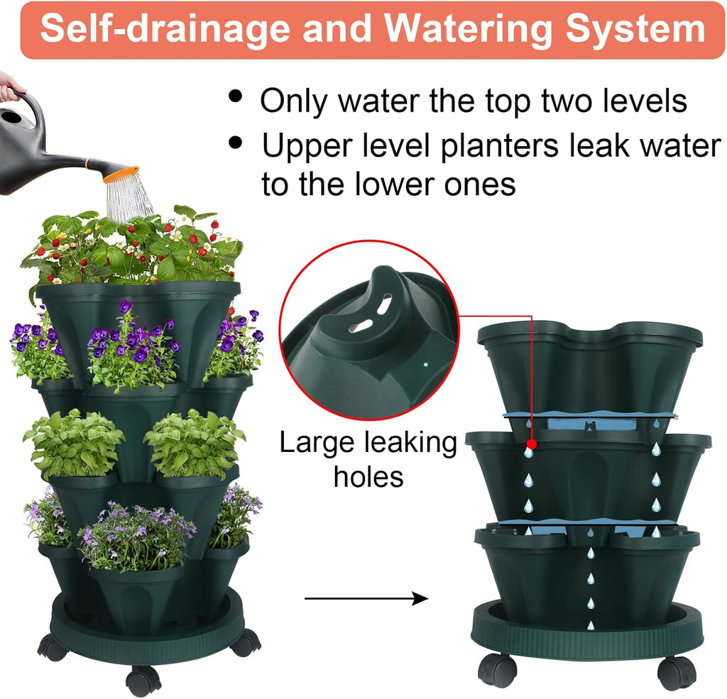 Vertical Planter 4 Tier Stackable Planters Garden Planters Strawberry Herb Flower and Vegetable Planter Indoor Outdoor Gardening Pots with Removable Wheels and Tools 2-Pack