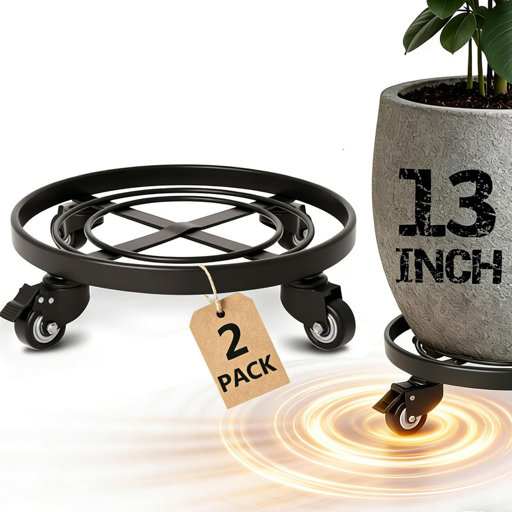 AMAGABELI GARDEN & HOME Plant Caddy with Wheels Heavy Duty 13“ 2 Pack Rolling Plant Stand Plant Dolly Iron Wheeled Lockable Casters Round Pot Mover Rollers Indoor Outdoor Planter Trolley Metal