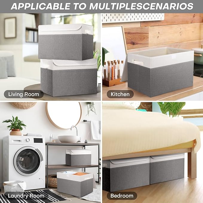 Large 17" 42 Quarts Collapsible Stackable Storage Bins with Lids [3-Pack] Foldable Fabric Linen Storage Boxes Cube, Closet Organizer Baskets with Label (16.7 x 12 x 12", Gray & White)