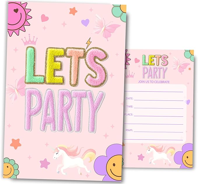 Preppy Patch Birthday Invitations for Girls, Let's Party Birthday Party Invitaions for Party Invites, 4x6 Inches, 30 Sets with Envelopes
