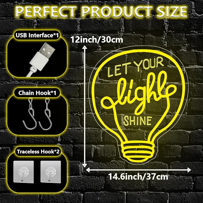 Let Your Light Shine Neon Sign,Dimmable LED Light Signs for Wall Art Decor,Inspirational Backdrop for Bedroom Club Party Man Cave,Gift for Teen Men USB Powered（14.6"*11.8"）