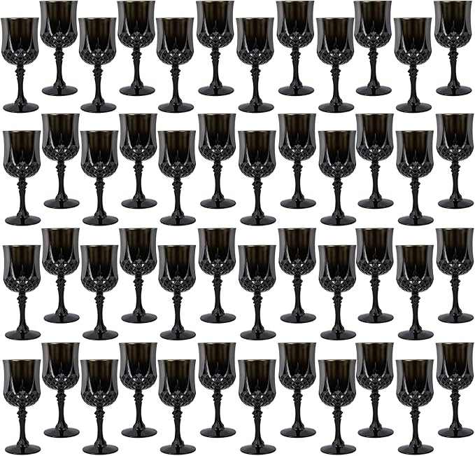 Plastic Wine Glasses，Plastic Goblets Vintage Style Cordial Drinking Glasses for Wedding Reception, Grand Event Party Supplies (48, Black)