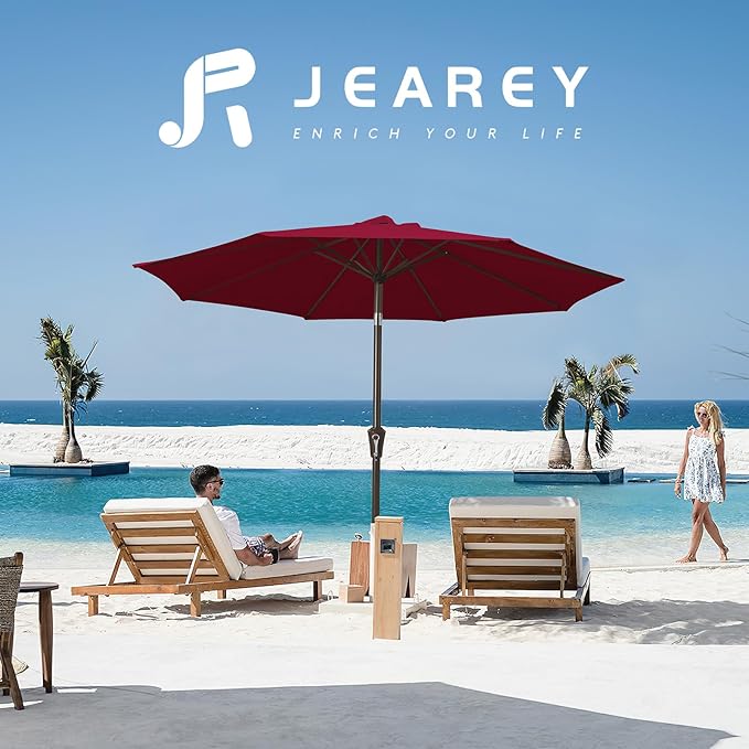 JEAREY 10FT Outdoor Patio Umbrella Outdoor Table Umbrella with Push Button Tilt and Crank, Market Umbrella 8 Sturdy Ribs UV Protection Waterproof for Pool, Garden (Wine Red)