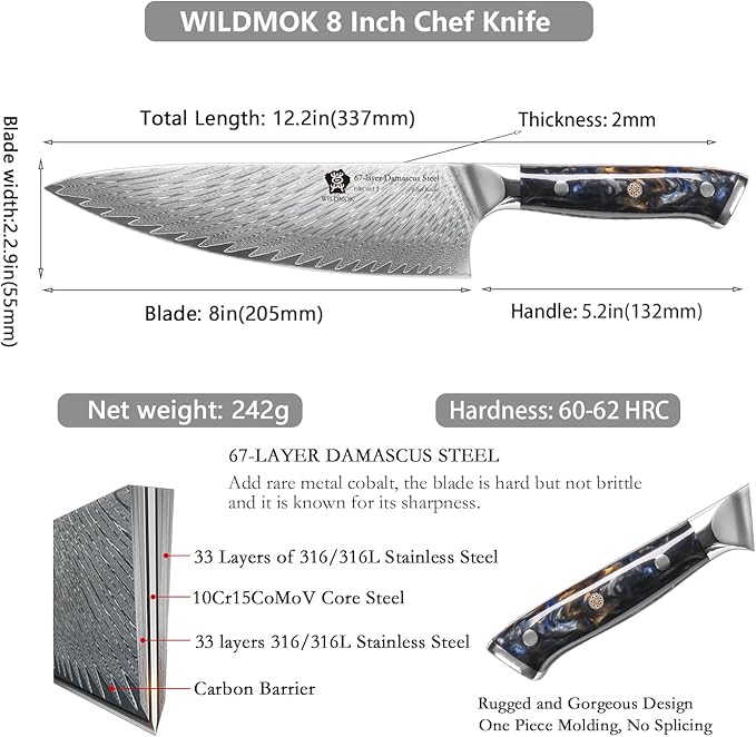 WILDMOK Chef Knife,8 inch Damascus Japanese Chef Knife,Japanese VG10 Steel Black Resin Handle kitchen knives,Japanese Damascus Kitchen Cooking chef's knives