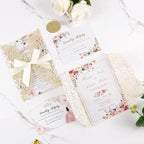 50pcs Gold Glitter Laser Cut Invitation Pockets Rose Personalized Blank Wedding Invitations with Envelopes and Rsvp Cards for Wedding Bridal Shower QuinceañEra Engagement Party Invite