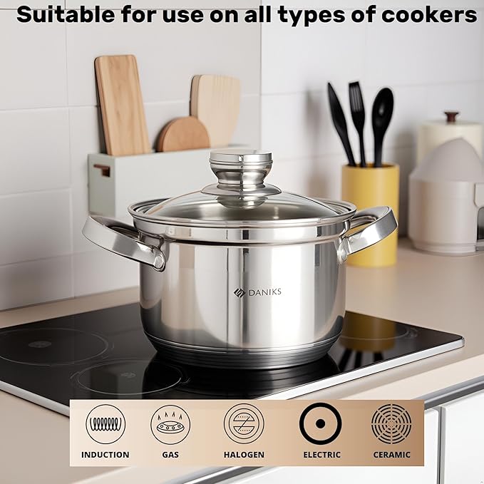 Daniks Standard Stainless Steel Stock Pot with Glass Lid – Induction 3 Quart, Dishwasher Safe, Measuring Scale, For Soup, Pasta, Stew, Silver