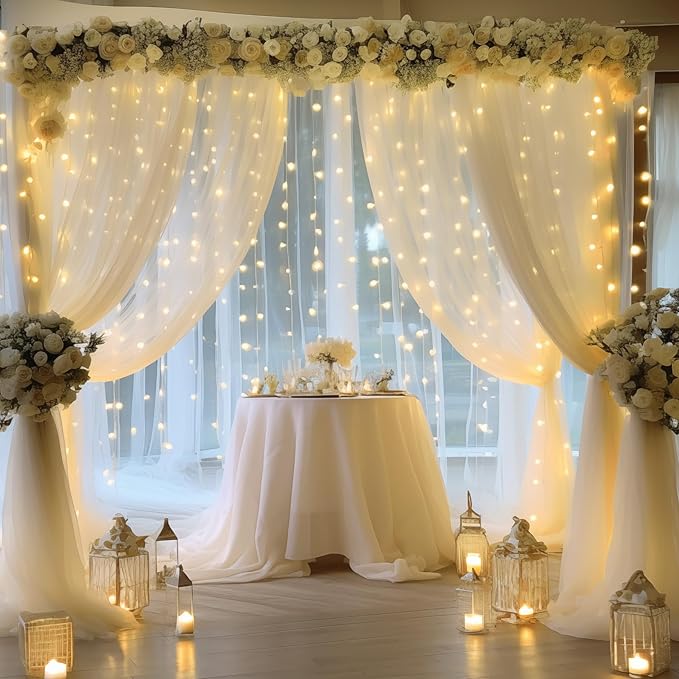 30×10ft Cream White Tulle Backdrop Curtain with Lights String for Parites, Sheer Photo Backdrop Curtains for Wedding Party Photography Background