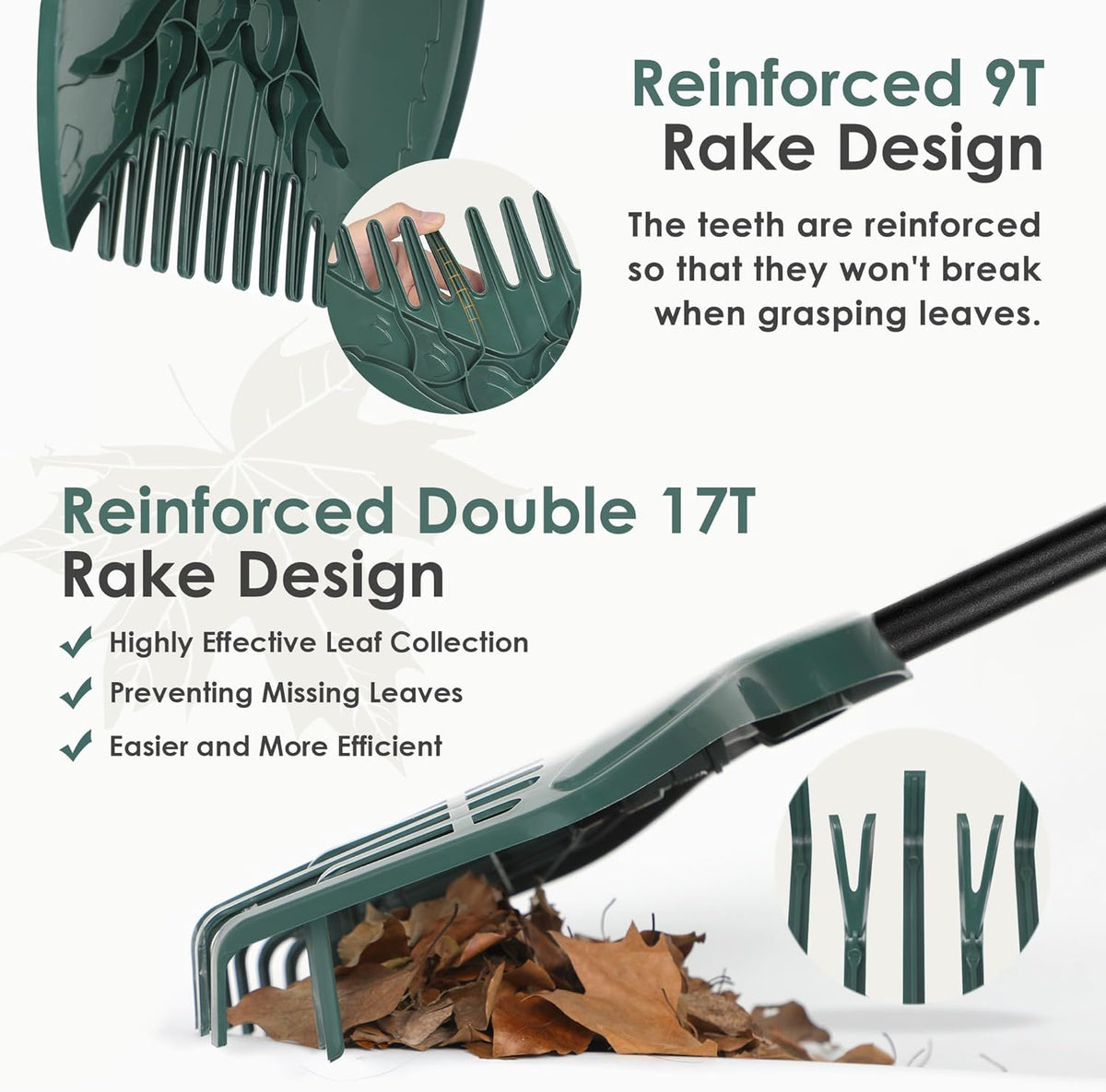 ORIENTOOLS 17Tines Double Row Garden Rake Set with 9Tines Leaf Hand Rakes, 272L Leaves Bin and Gardening Gloves for Scooping and Picking up Leaves, Clear and Collect Garden Rake Kit