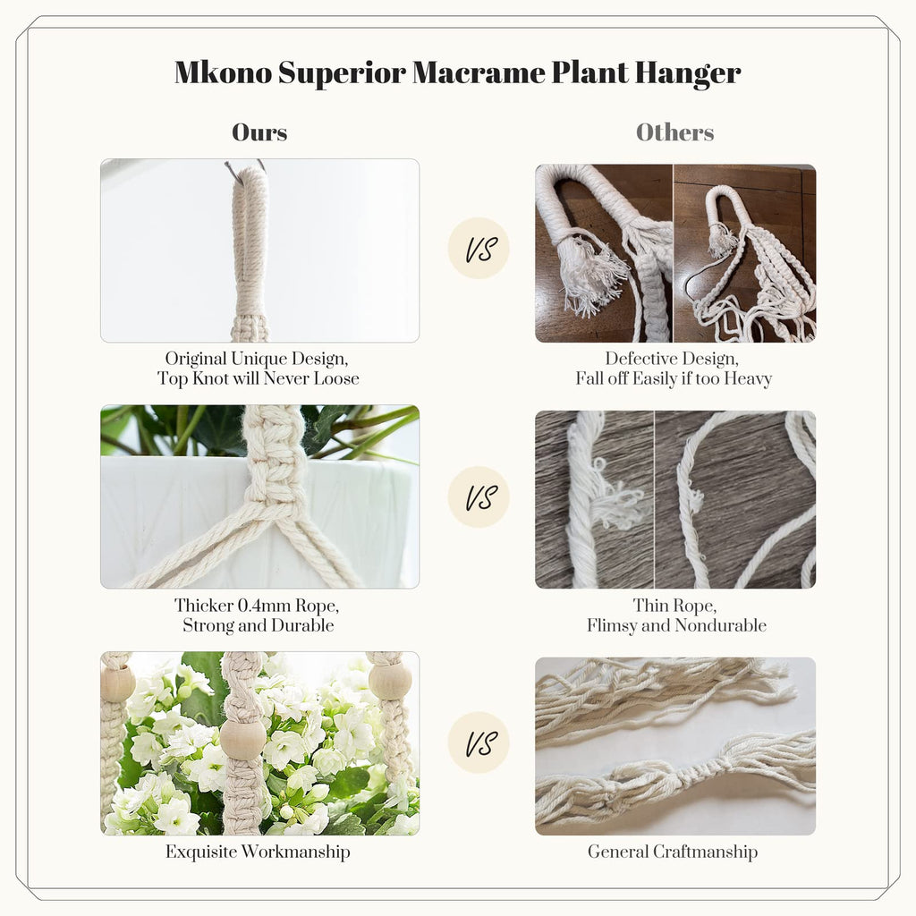 Mkono 3 Pack Macrame Plant Hangers Hanging Planters for Indoor Plants Ivory