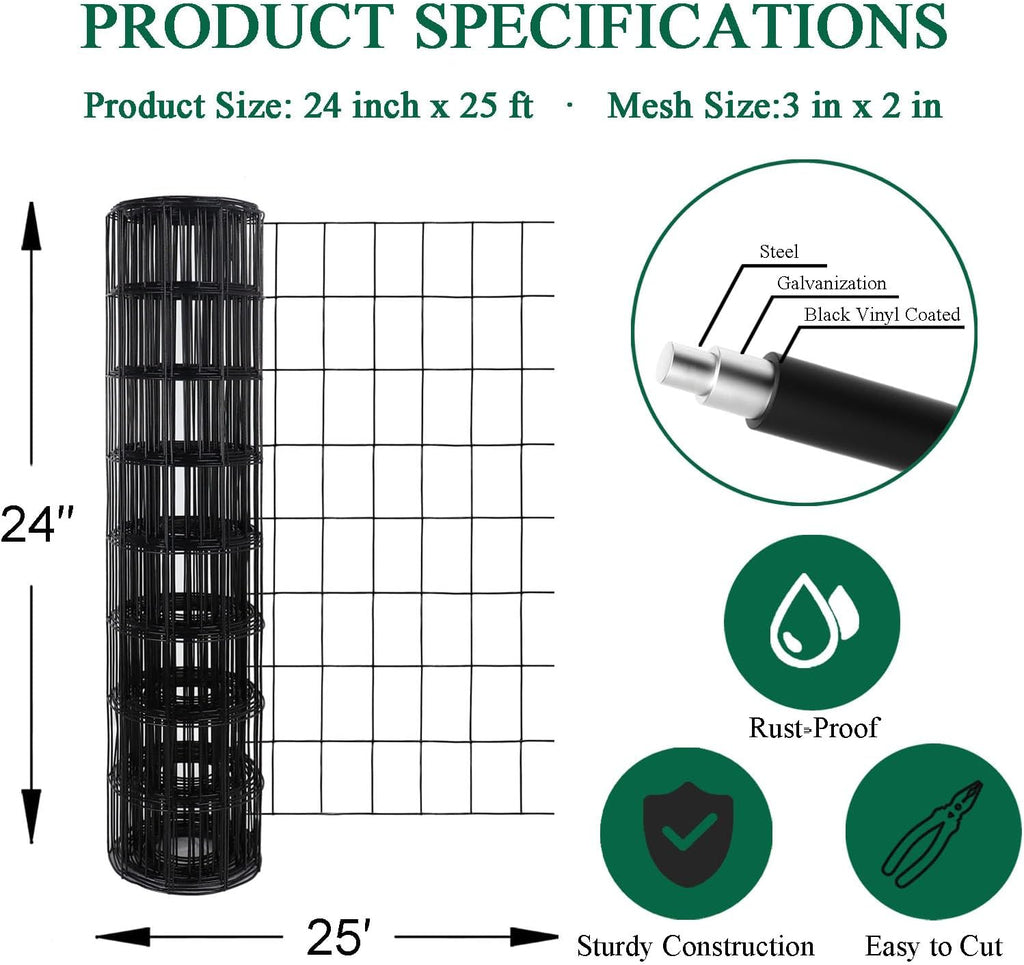 Black PVC Coated Welded Wire Fence 24 Inch x 25 Foot, 2 Inch x 3 Inch 16GA, Garden Border Fencing Roll Vinyl Coating Metal Wire Mesh for Yard Vegetable Plant Protection Poultry Netting
