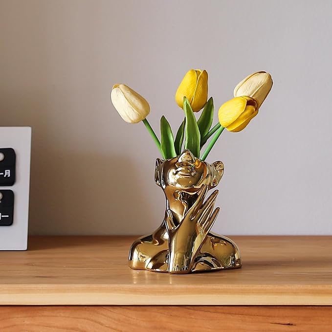 BrownLove Golden Ceramic Face Vase, Modern Golden Decorative Art Vase, Bookshelf Placed On The Desktop, Small Living Room, Office and Bedroom