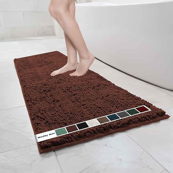 Muddy Mat Chenille Bathroom Rugs Quick Dry Microfiber Mats Non Slip Washable, Extra Thick, Soft and Highly Absorbent Bath Mats for Bathroom, Kitchen, and Shower Floor - Brown Runner 59"X24"