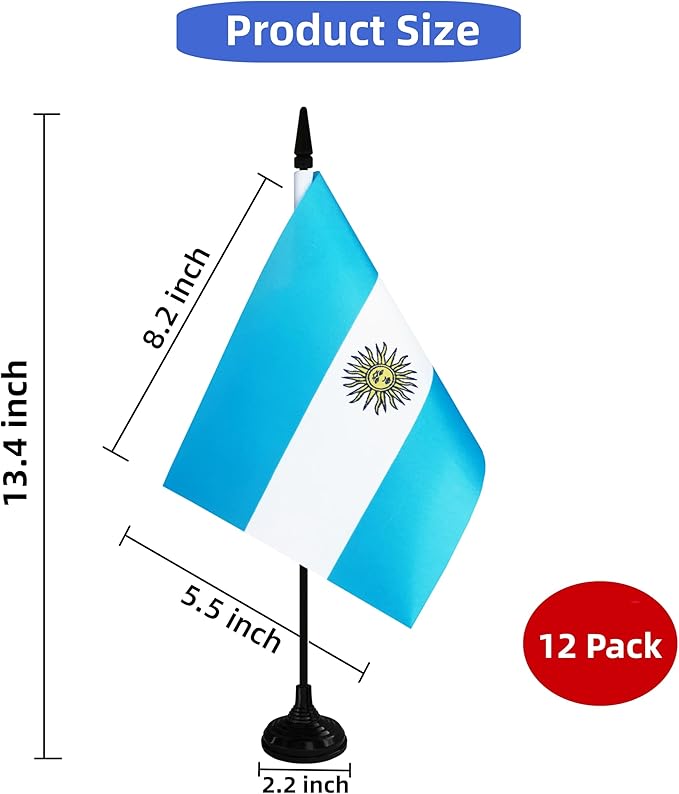 Argentina Desk Flag, 12 Pack Argentinian Table Office Flag with Black Solid Pole and Stand Base, International Country Flag, Festival Celebration, Classroom Meeting Desktop Decor (Argentina)