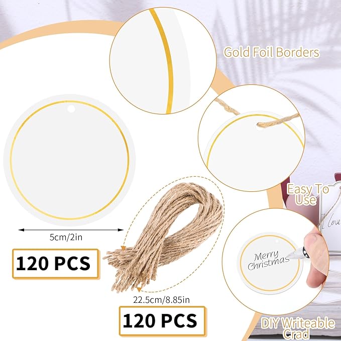 120 PCS White Gift Tags, 2'' Round Gift Tags with String Marking Hang Tag Writable Blank Tag for Presents Labeling DIY Craft Project Wedding Baby Shower Favors Stocking Stuffers