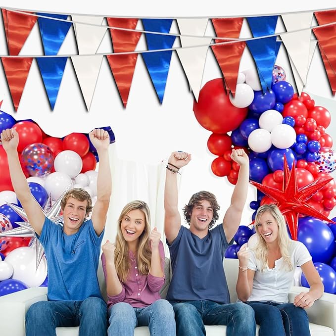 40M/130FT White Blue Red Triangle Pennant Banner Flag Metallic Fabric Bunting Garland for Christmas Graduation, Independence Day, 4th of july, Patriotic Themed Party Decoration