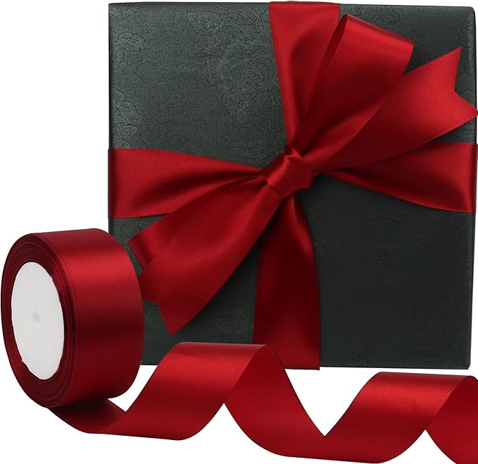 Deep red Solid Satin Ribbon 1-1/2 Inch 25 Yards Solid Polyester Fabric Ribbon for Gift Wrapping Wedding Christmas Baby Shower Birthday Party Decoration Handmade Immortal Flower Craft