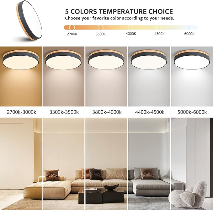 Dimmable Wood LED Close to Ceiling Light, Modern 2700K-6000K 5CCT Round Grey Flush Mount Light Fixtures, Minimalist Ceiling Lamp for Living Room, Dining Room, Bedroom, Kitchen-15.8in