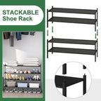 Black 2-Tier Long Stackable Bamboo Wood Shoe Rack for Closet, Entryway & Hallway